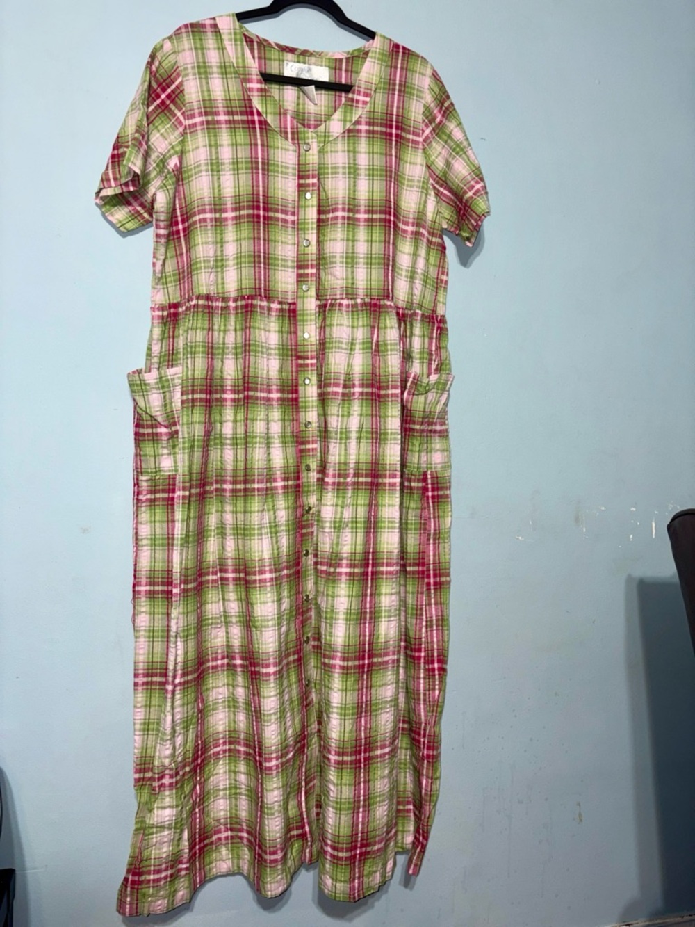 Vintage M 90s Cotton Pink & Green Plaid Button up Chore Pocket Cottagecore Dress